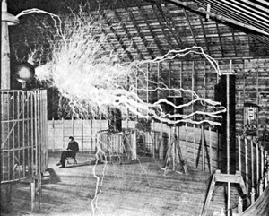 Tesla in his laboratory in Colorado Springs